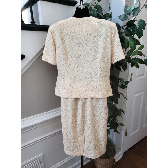 Leslie Fay Skirt Suit Set Women 10 Beige Glitter Dots Short Sleeve Button Front - Picture 4 of 14